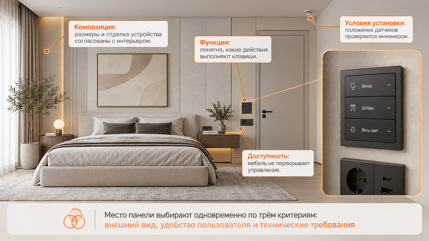 Размещение панели и датчика в интерьере спальни