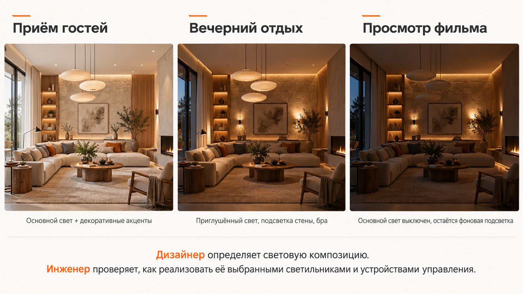 Примеры световых сценариев для гостиной