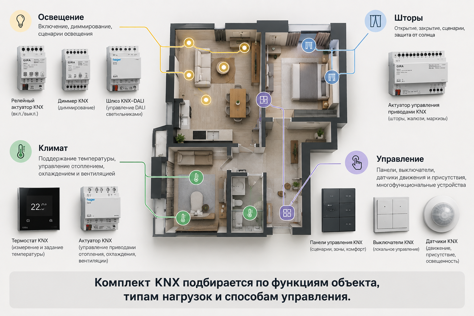 Подбор KNX-оборудования для освещения, климата, штор и управления